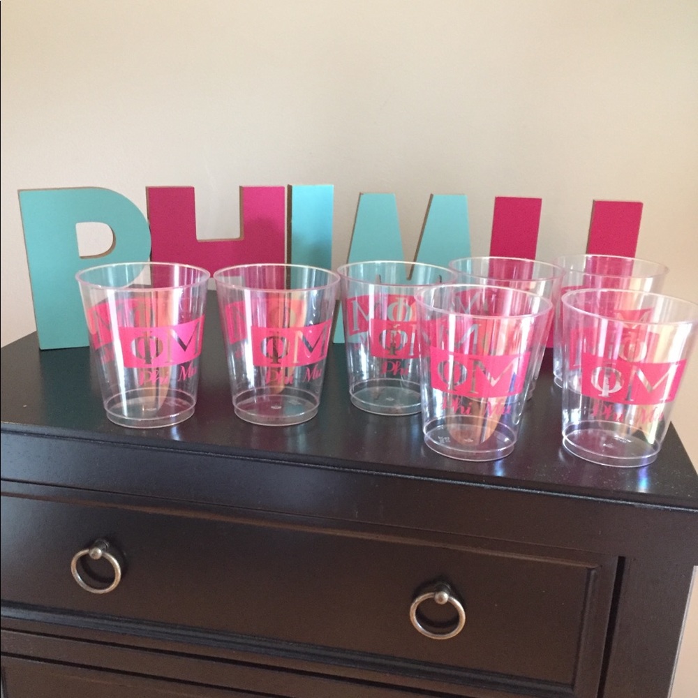 PHI MU letter and cups/glasses/koozies